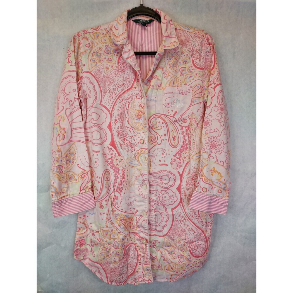 LRL Ralph Lauren Sleep Shirt Women's S Night Gown Paisley Pink Embroidered Logo